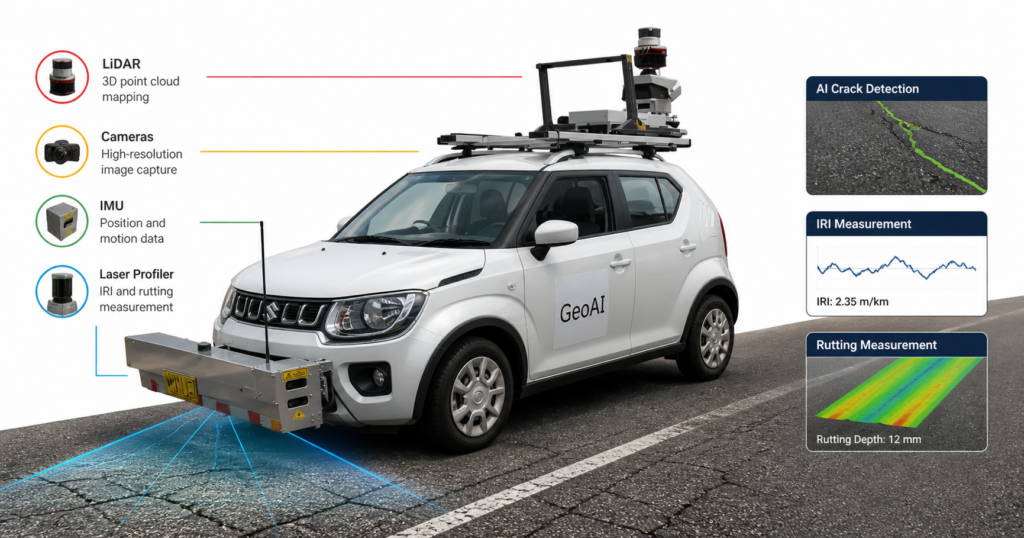 AI-powered pavement condition survey vehicle capturing road defects, cracks, IRI, and rutting data with LiDAR and cameras.