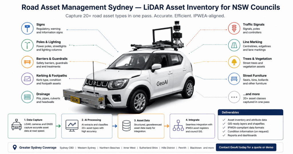 Diagram showing a GeoAI mobile LiDAR survey vehicle scanning road assets including traffic signs, street light poles, drainage pits, guardrails and kerbing, with data output icons for IPWEA asset registers, ArcGIS, QGIS, and point cloud files