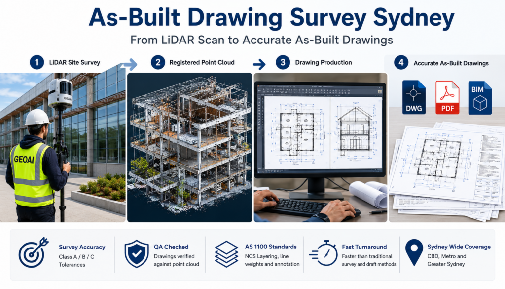 GeoAI as-built drawing survey Sydney. 4-step process from LiDAR site survey to accurate as-built drawings in DWG, PDF, and BIM formats