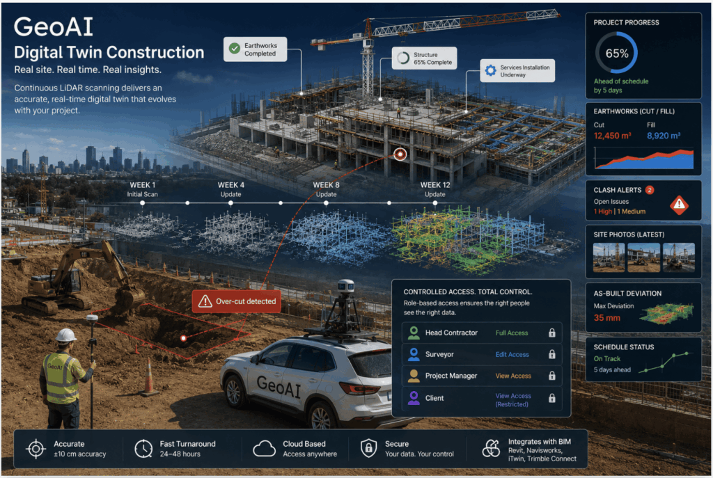 GeoAI mobile LiDAR scanner capturing a digital twin construction model on a construction building site