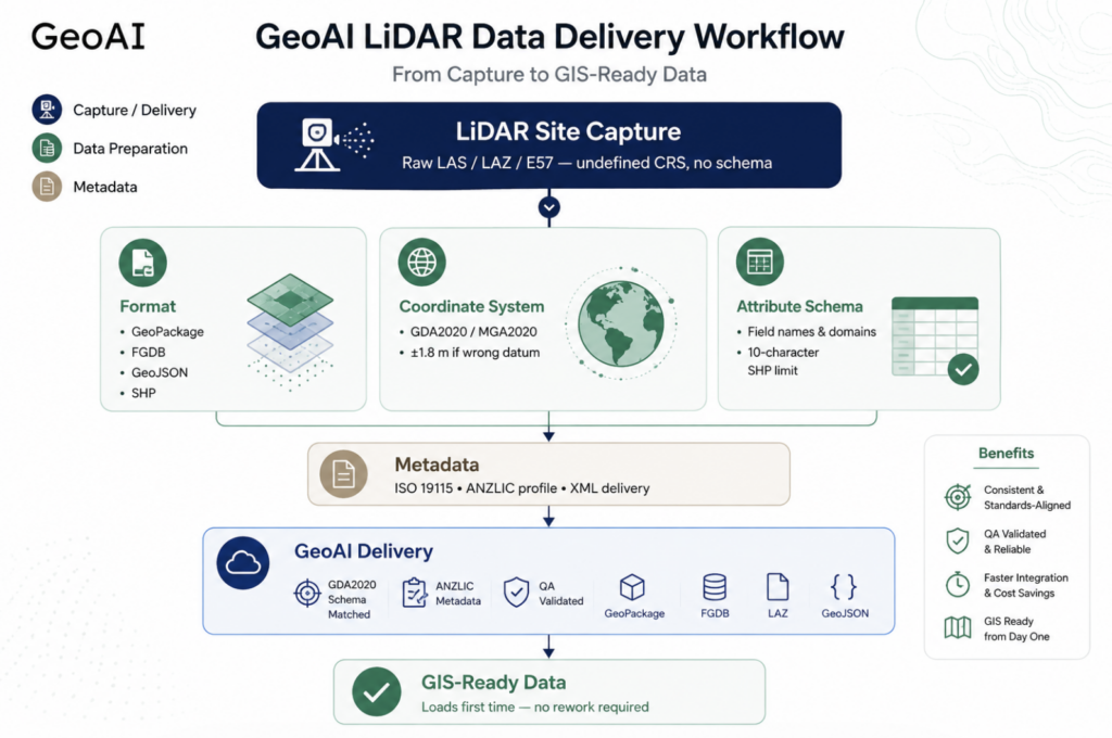 GIS ready data pipeline diagram showing five stages from LiDAR capture through format selection, coordinate system, attribute schema, metadata, and GeoAI delivery